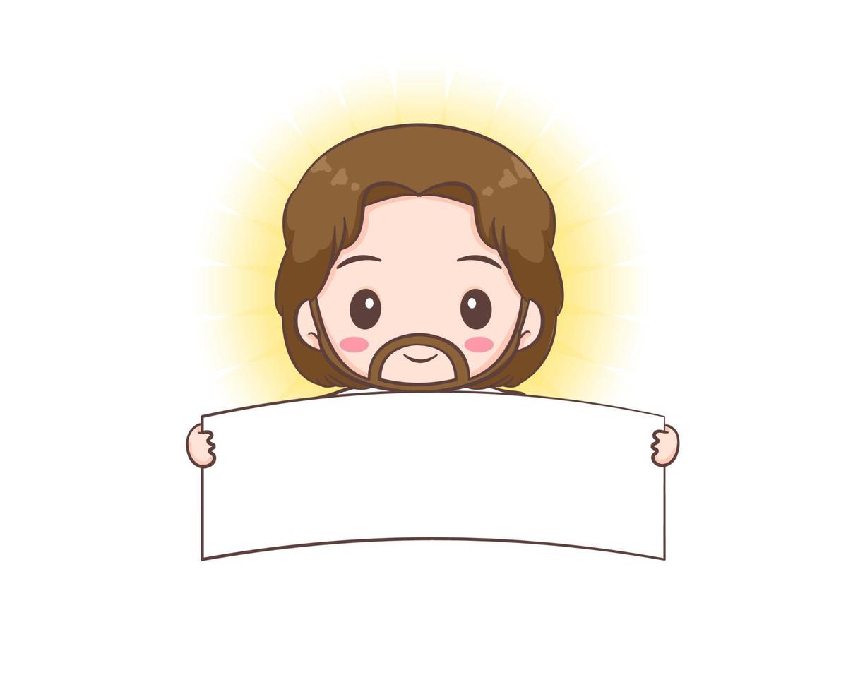 Cute Jesus Christ cartoon character holding empty sign banner billboard. Hand drawn Chibi character, clip art, sticker, isolated white background. Mascot logo icon vector art illustration