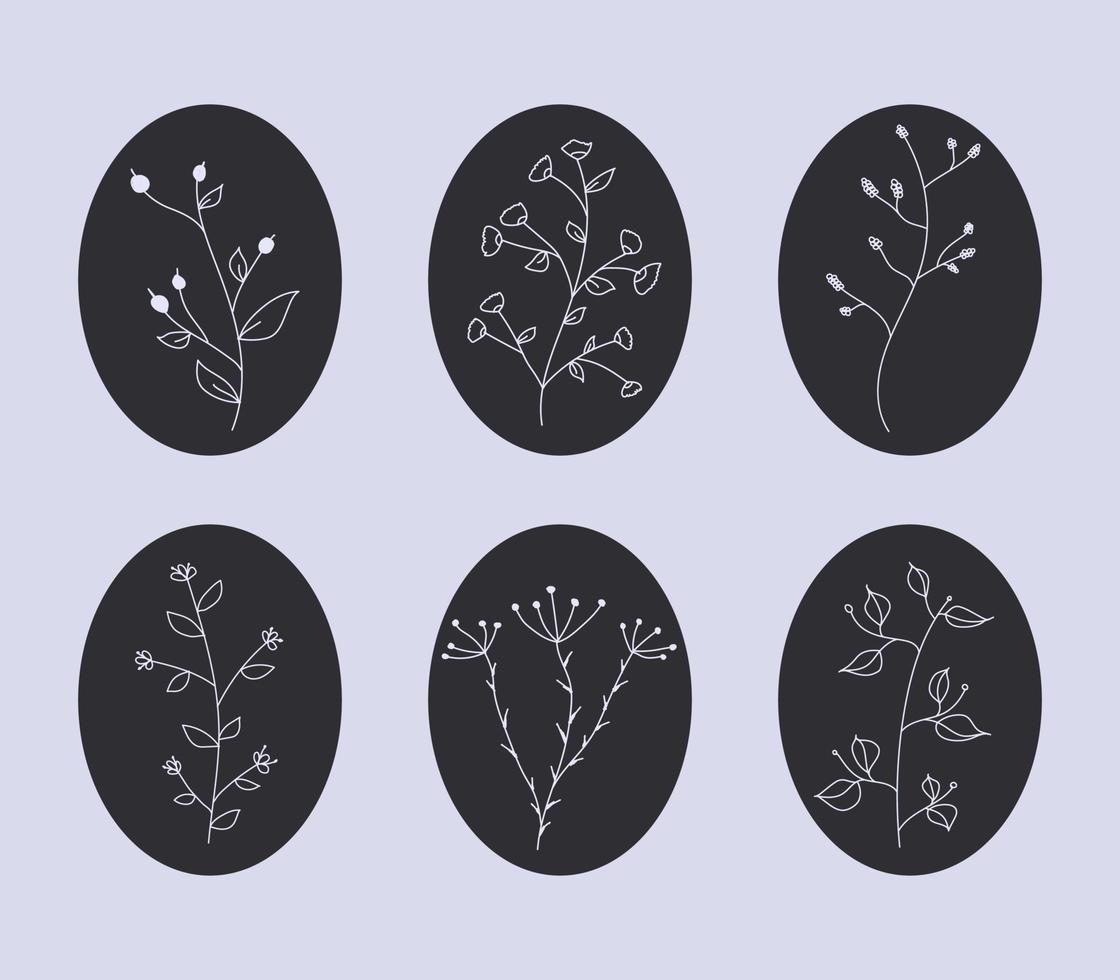 Cute hand drawn set of graphic floral and herbal elements. Doodle vector botanical illustration