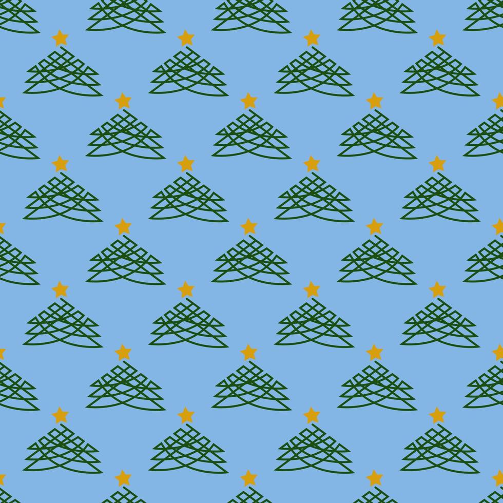 Seamless geometric pattern with green Christmas tree and golden star on blue background. New Year patter. Vector print for fabric background