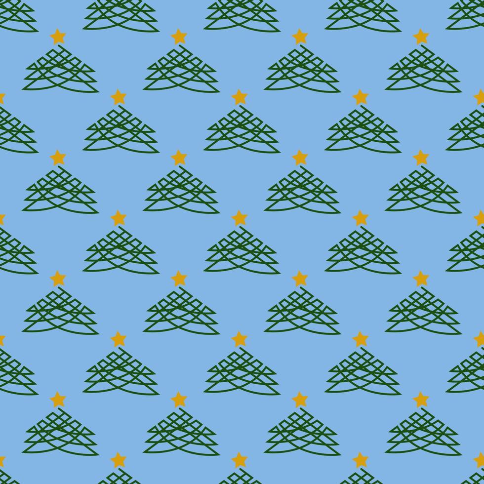 Seamless geometric pattern with green Christmas tree and golden star on blue background. New Year patter. Vector print for fabric background