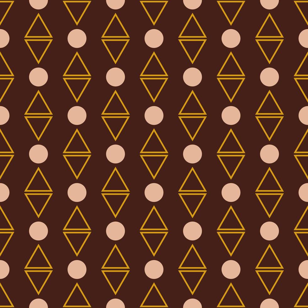 Seamless geometric pattern with golden triangles and light circles on dark red background in art deco style. Vector print for fabric background