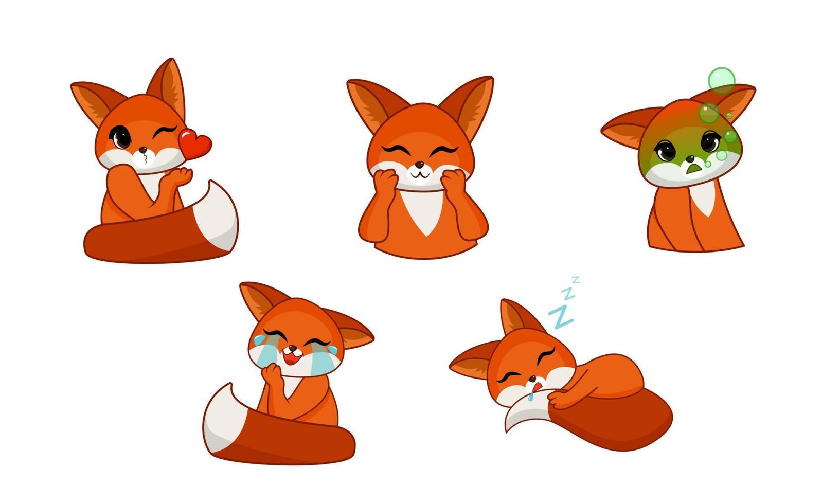 Seth is a cute beautiful fox. Red fox art for kids. 5 cute foxes vector characters. Cute cartoon style. Vector drawing isolated from the background