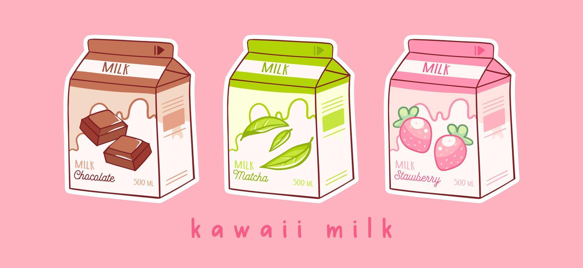 Set of three cartoons of milk. Three various tastes. Chocolate, matcha and strawberry. Asian product. Hand drawn colored trendy vector illustration. Kawaii anime design. Cartoon style