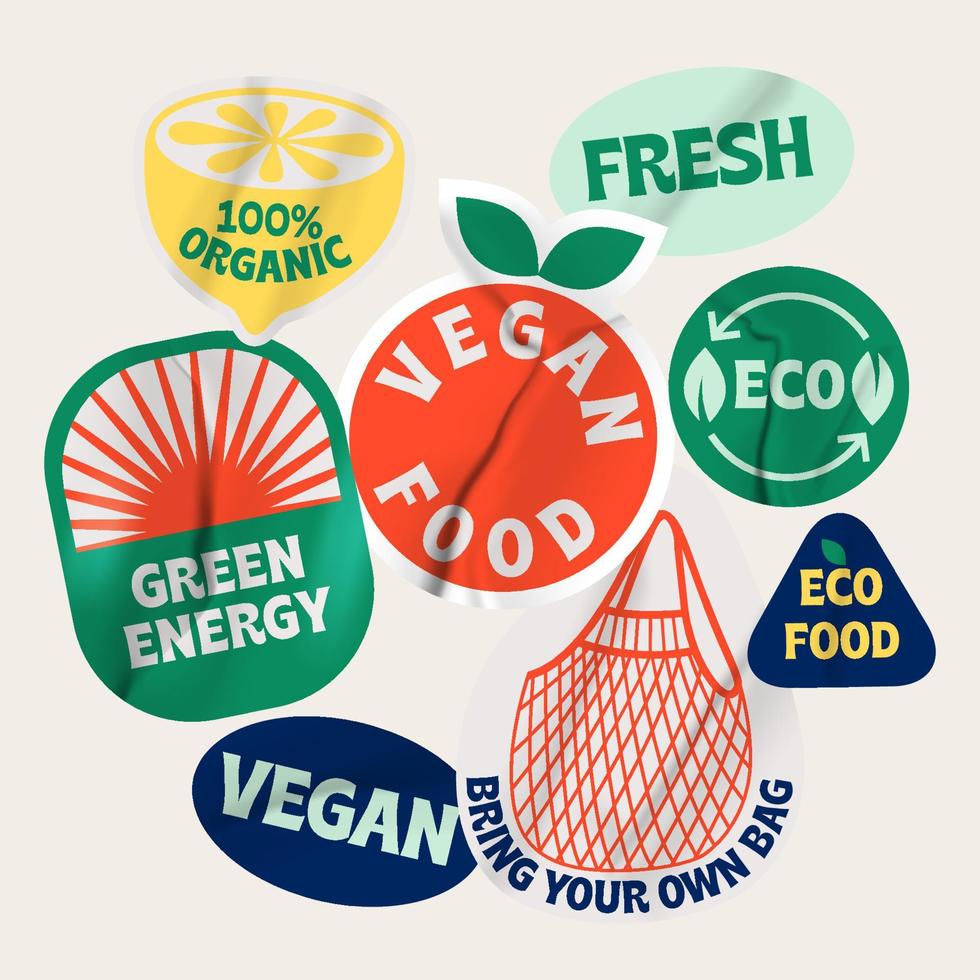 Bio organic labels. Ecology protecting, fresh, organic, vegan, green energy, recycle concept vector illustration icons set. Eco friendly lifestyle. Ecological stickers.