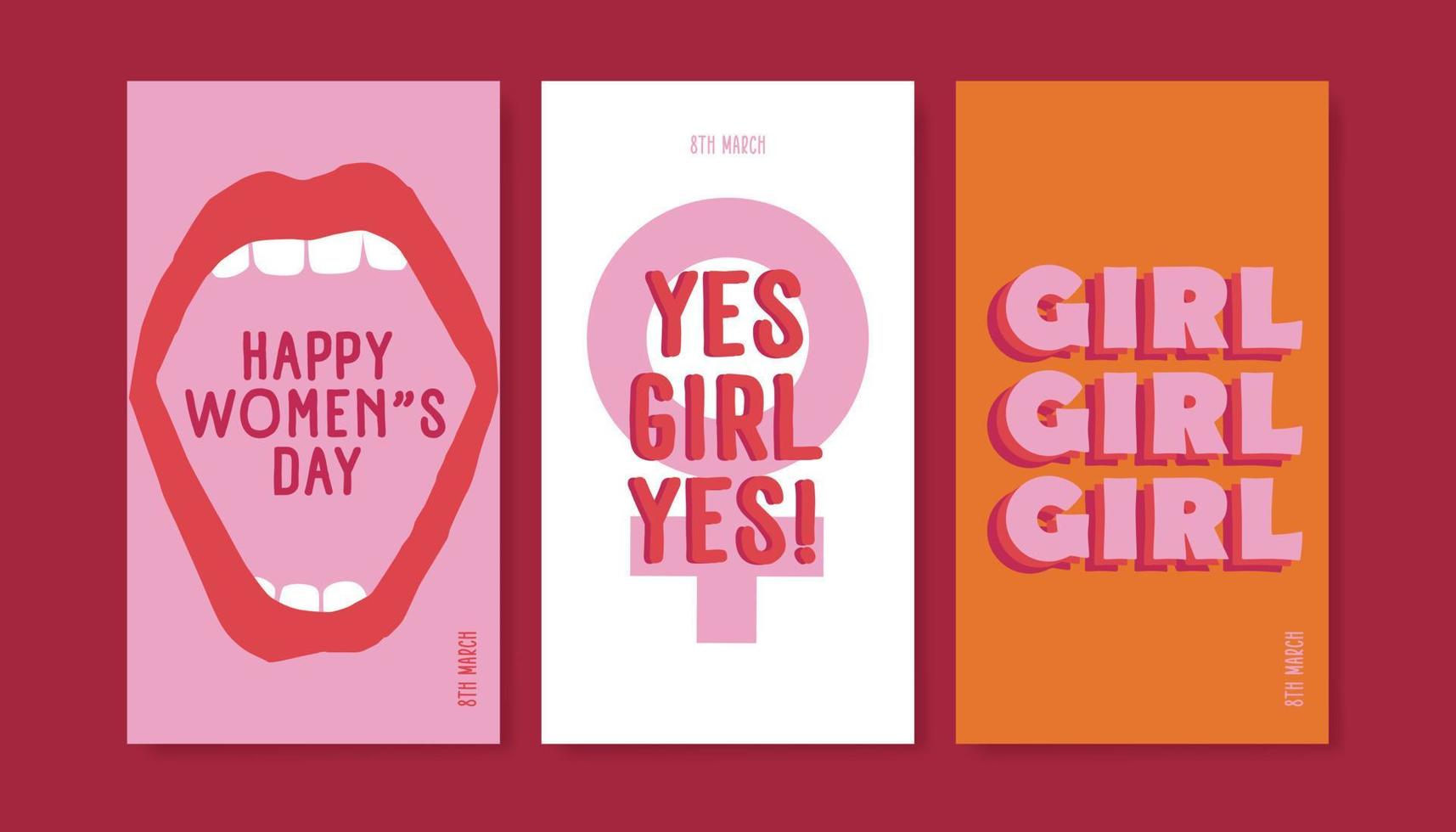 8 March. International Women's Day banner. Editable post template set for banner sale, presentation, invitation, stories, streaming. Screen backdrop for mobile app. Social media story mockup. vector