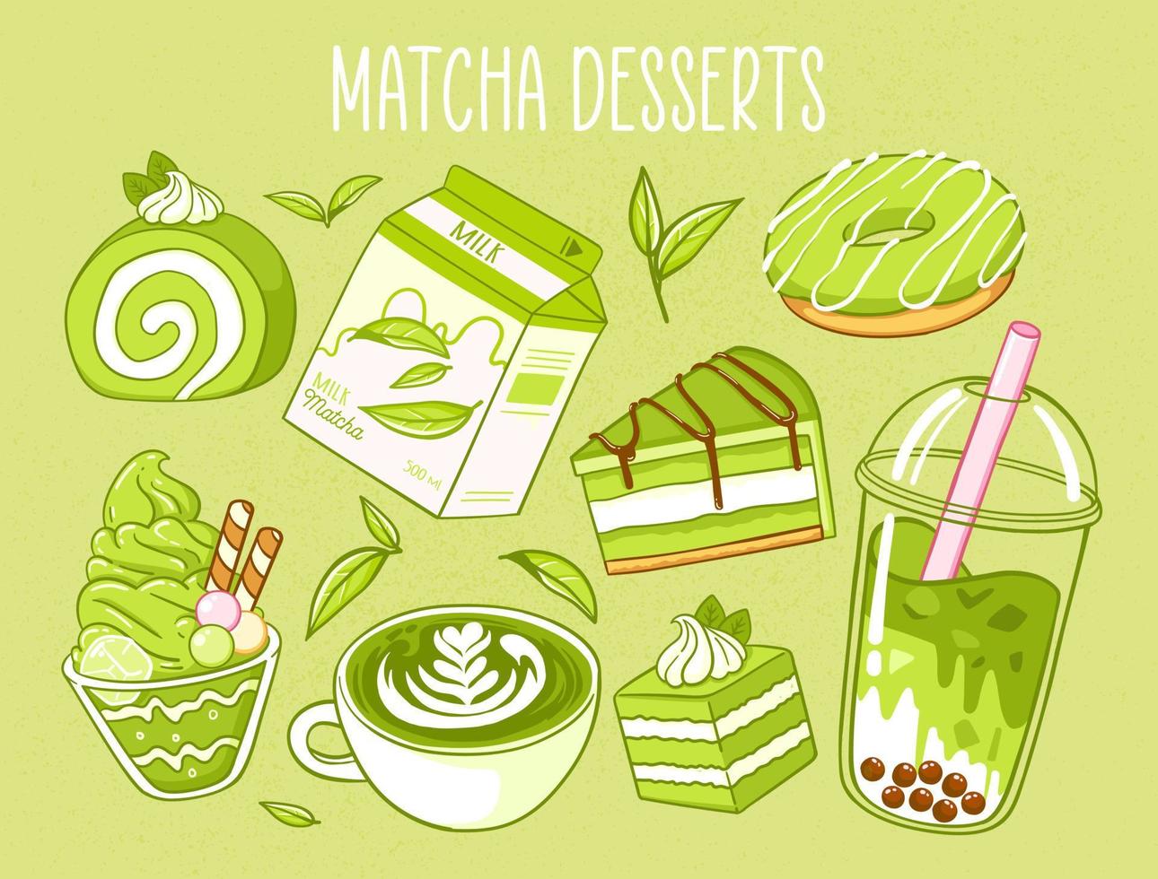 Various matcha tea products. Japanese food. Matcha tea, milk, donut, bubble tea, ice cream, pie. Hand drawn vector set. Colored trendy illustration. Flat design. All elements are isolated