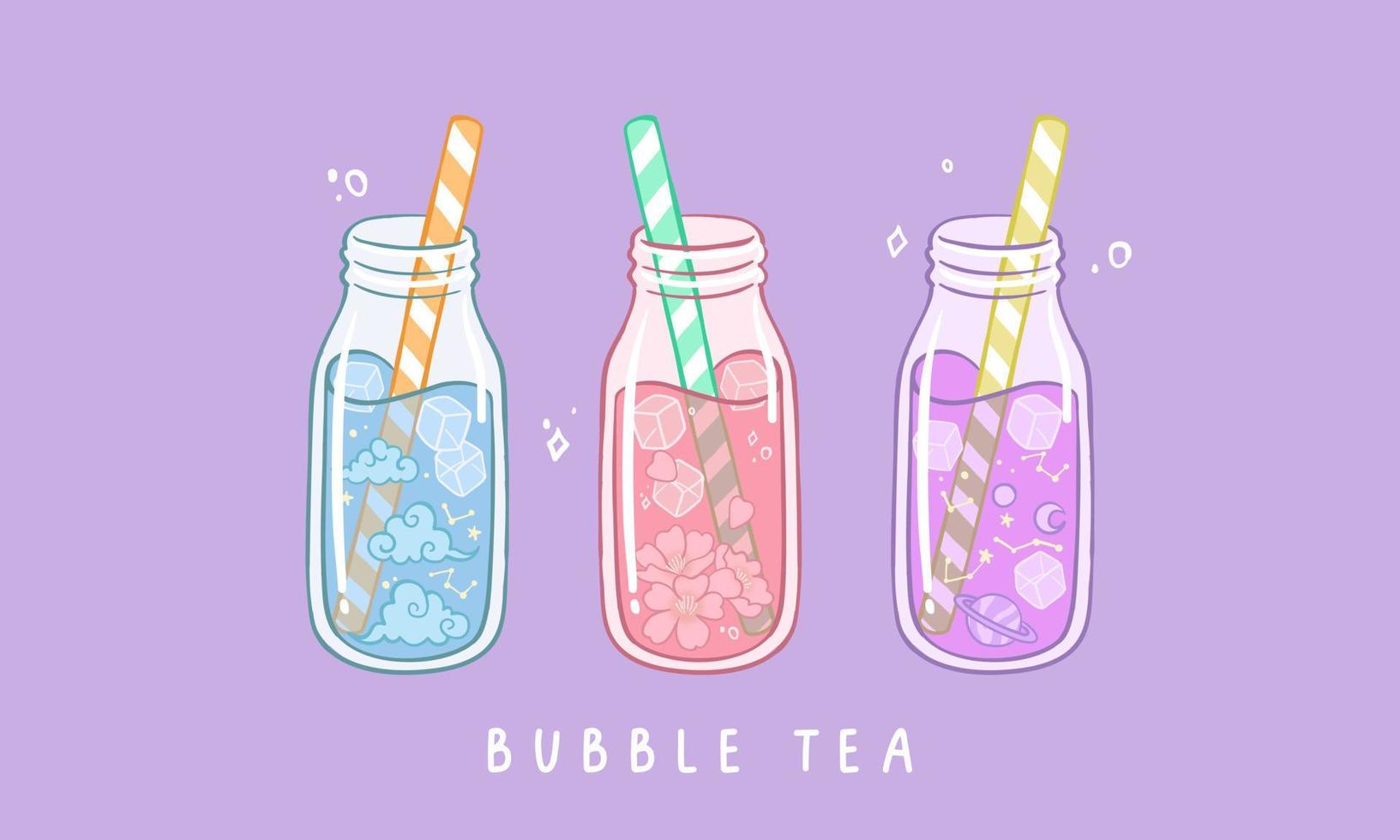 Set of various Bubble tea. Milk tea with tapioca pearls. Boba tea. Asian Taiwanese drink. Hand drawn colored trendy vector illustration. Cartoon style. Flat design. All elements are isolated