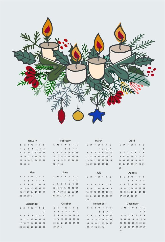 Calendar vector template for year 2023 with hand drawn wild flowers on blue background