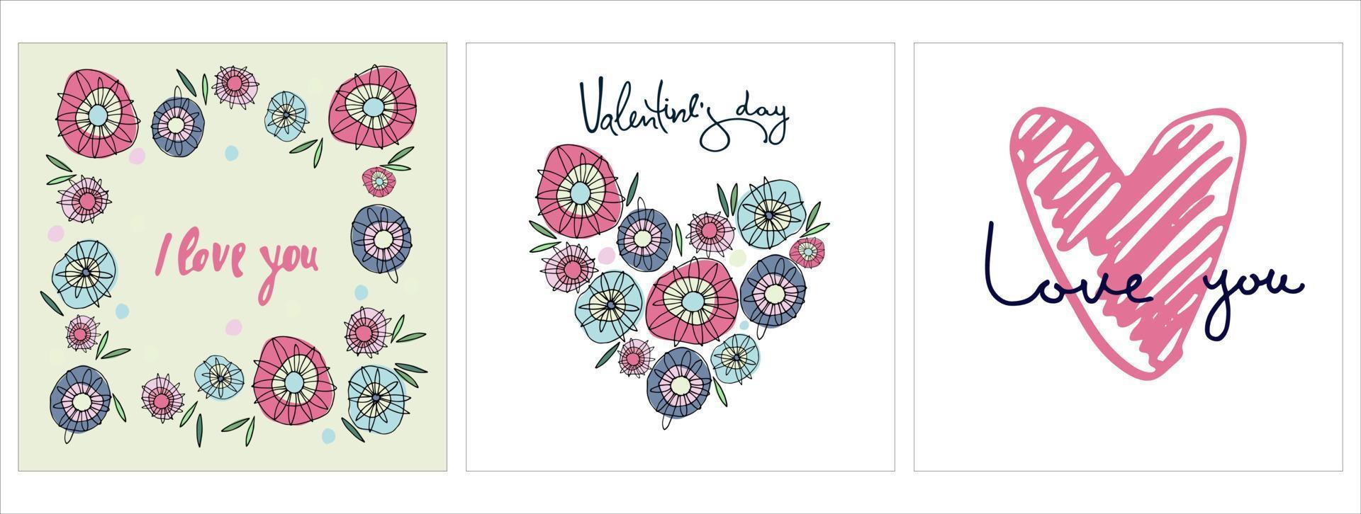 Set of Happy Valentines Day greeting cards designs with hand drawn hearts, flowers and lettering vector