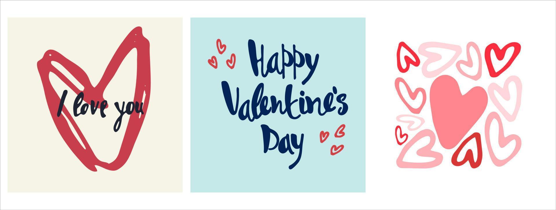 Set of Happy Valentines Day greeting cards designs with hand drawn hearts, flowers and lettering vector
