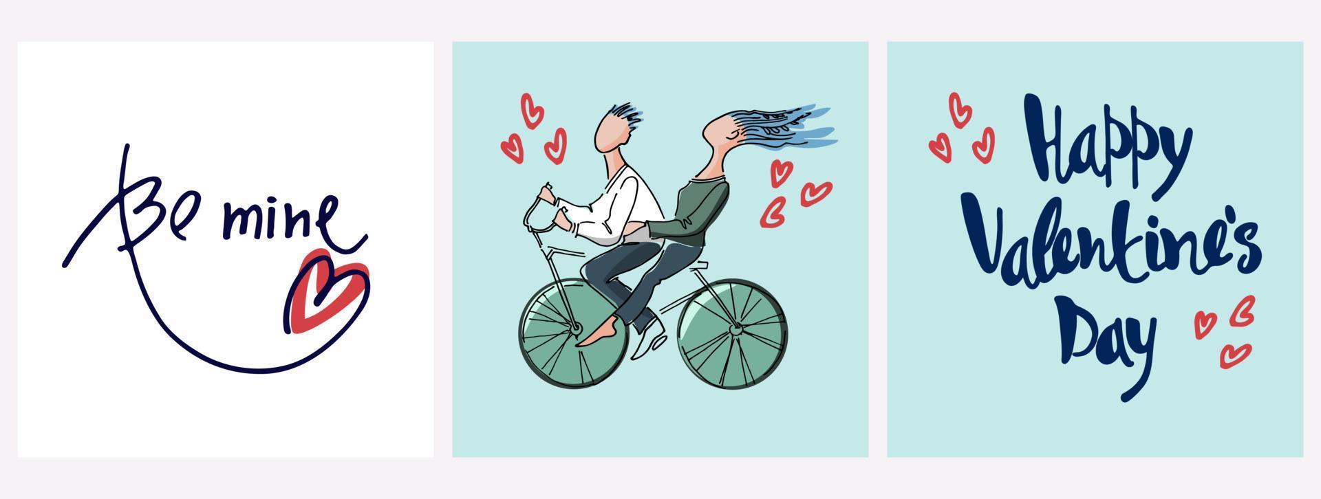 Set of Happy Valentines Day greeting cards designs with hand drawn hearts, flowers and lettering vector