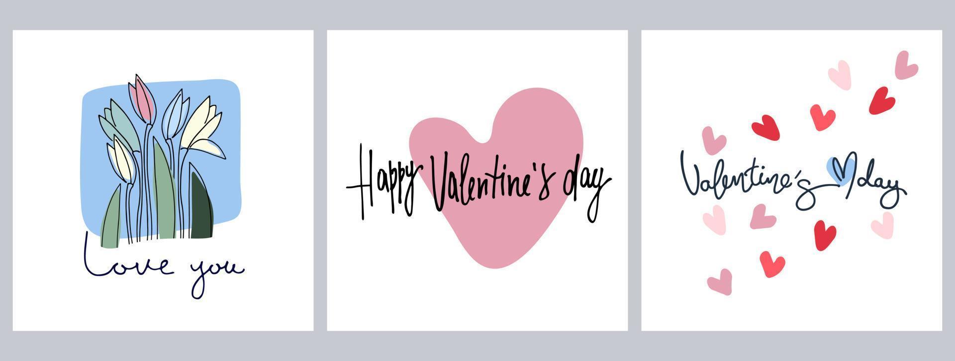 Set of Happy Valentines Day greeting cards designs with hand drawn hearts, flowers and lettering vector