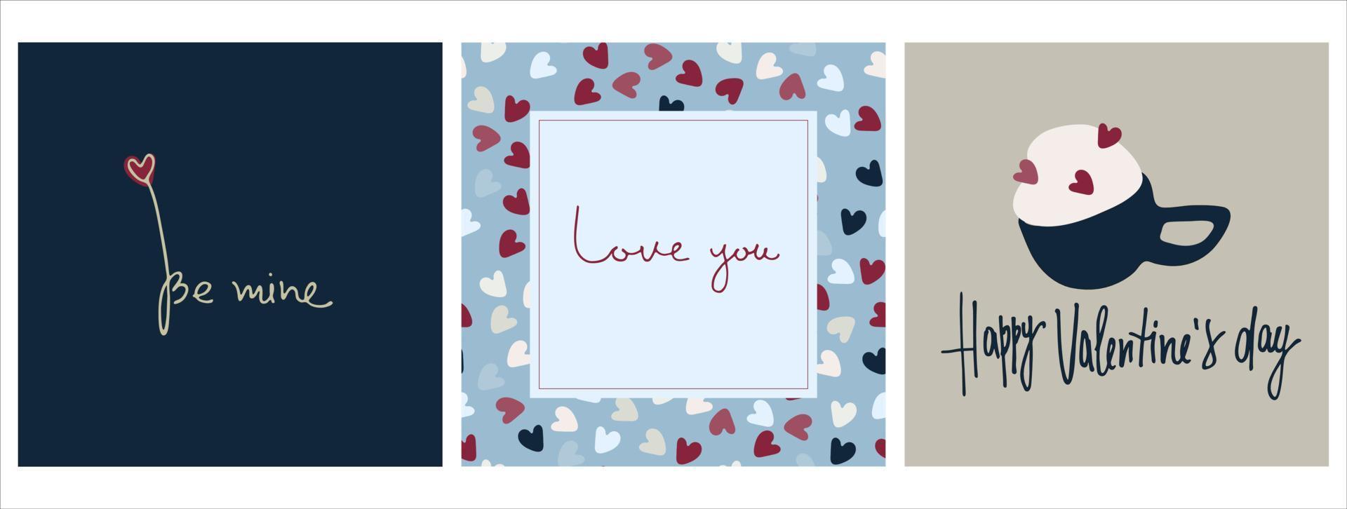 Set of Happy Valentines Day greeting cards designs with hand drawn hearts, flowers and lettering vector