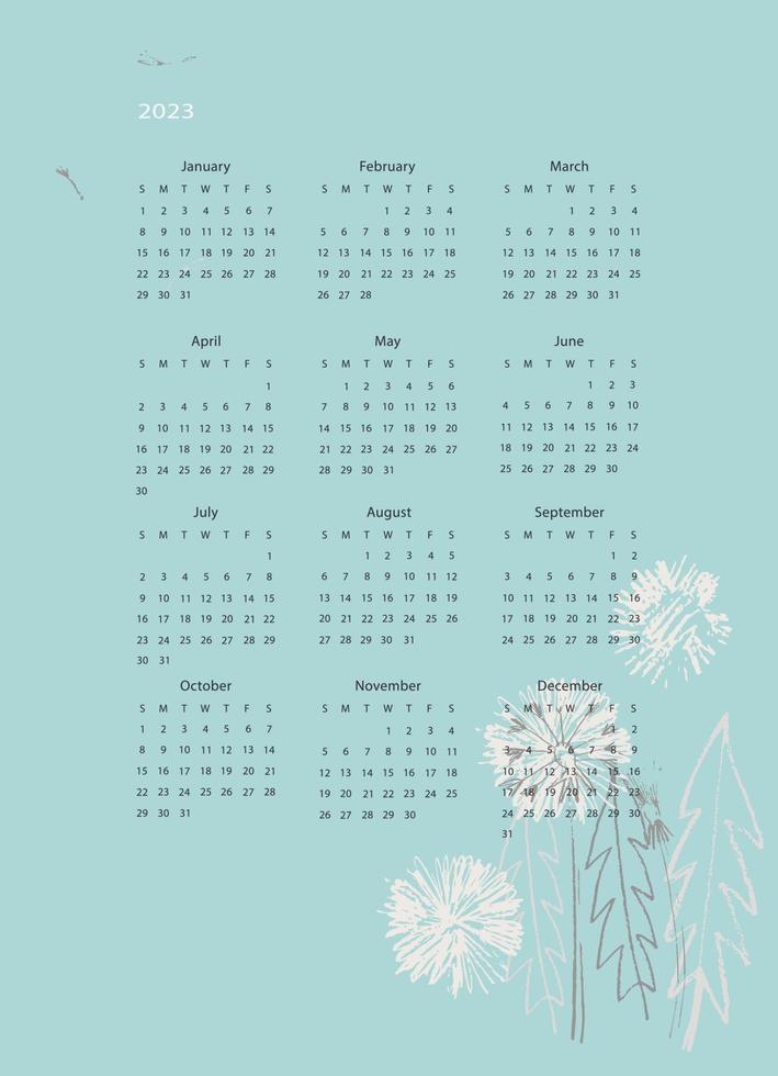 Calendar vector template for year 2023 with hand drawn wild flowers on blue background