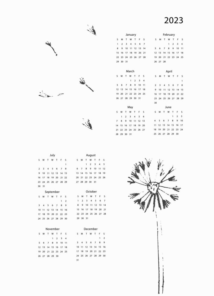 Calendar vector template for year 2023 with hand drawn wild flowers on blue background
