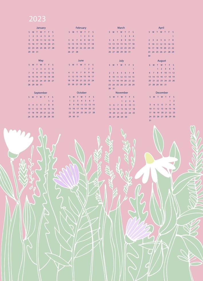 Calendar vector template for year 2023 with hand drawn wild flowers on blue background