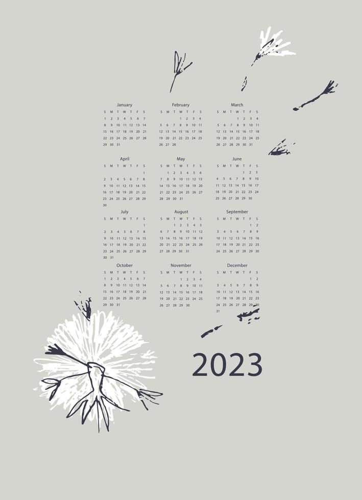 Calendar vector template for year 2023 with hand drawn wild flowers on blue background