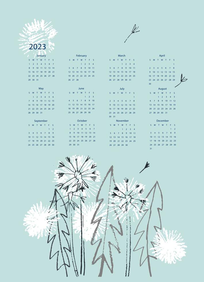 Calendar vector template for year 2023 with hand drawn wild flowers on blue background