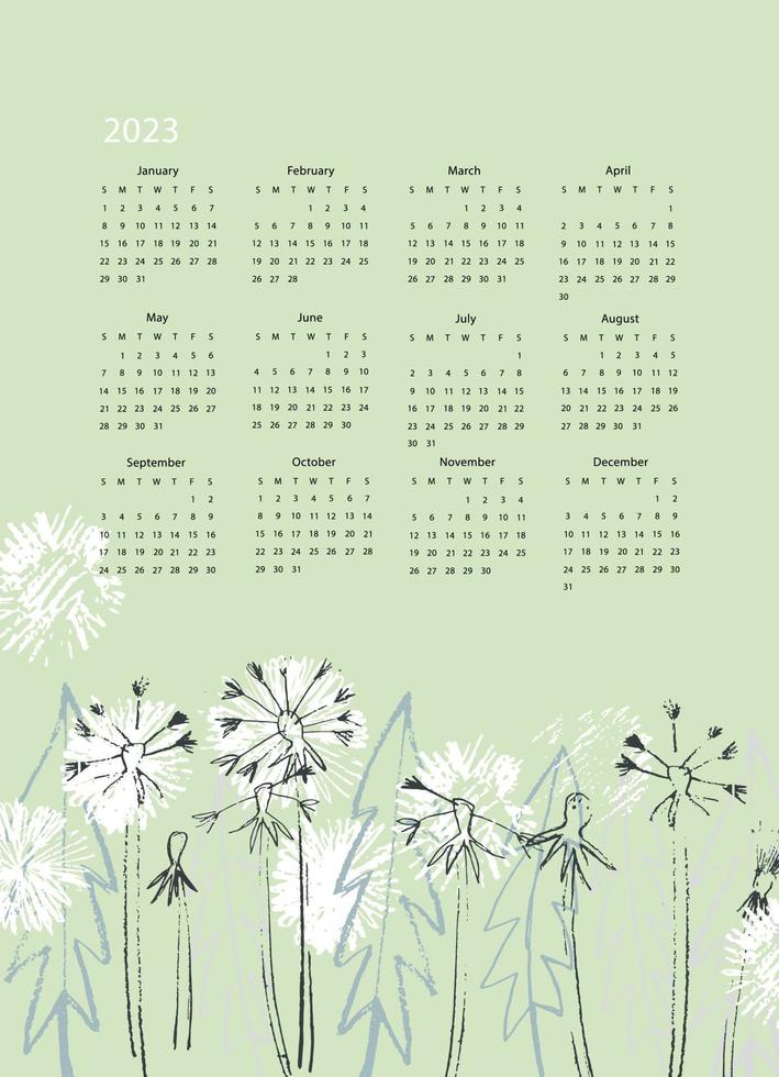 Calendar vector template for year 2023 with hand drawn wild flowers on blue background