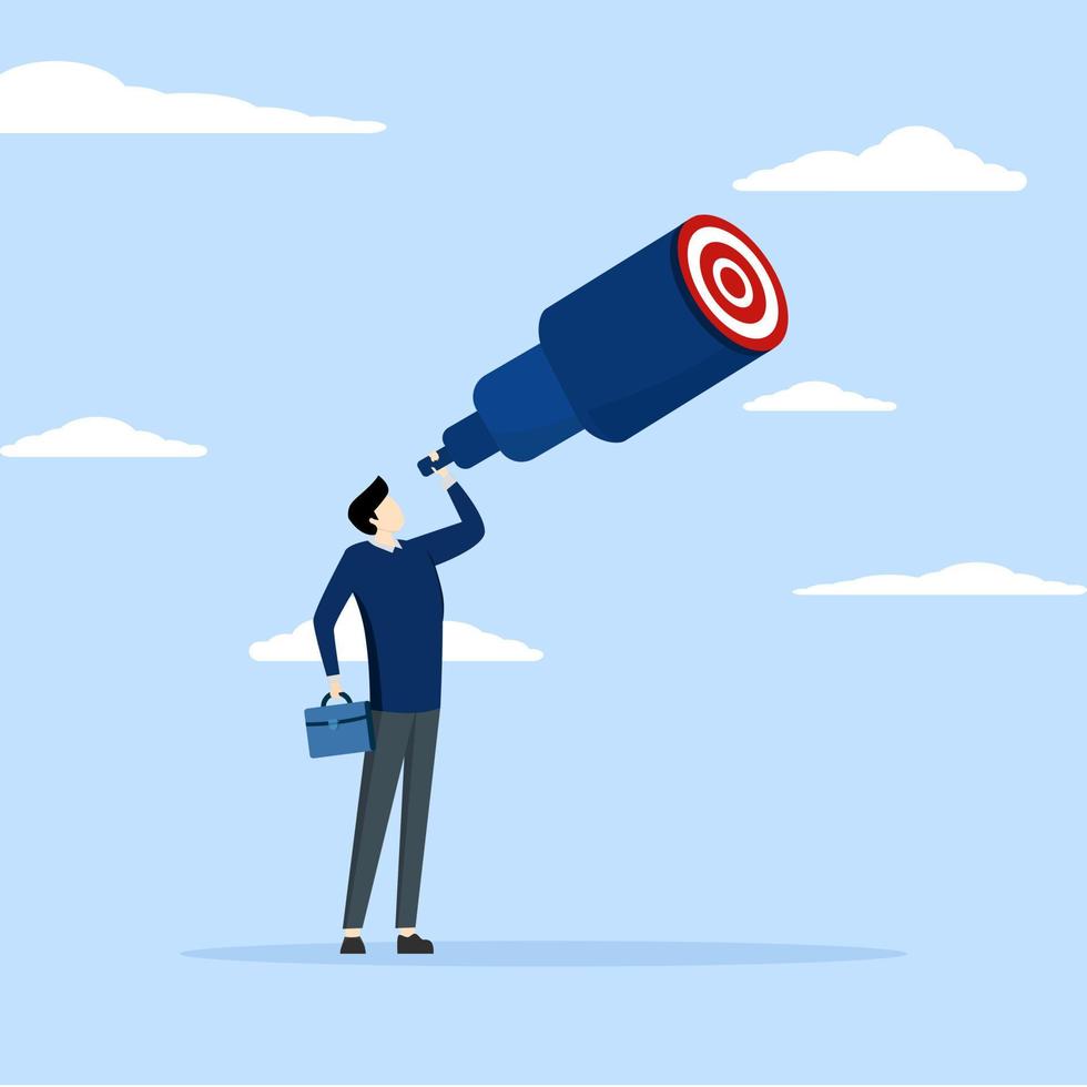 a businessman looks through a telescope to find a target or goal, Looking for a business target or goal, finding a goal or finding a strategy to achieve a goal or concept of a goal, mission or goal vector