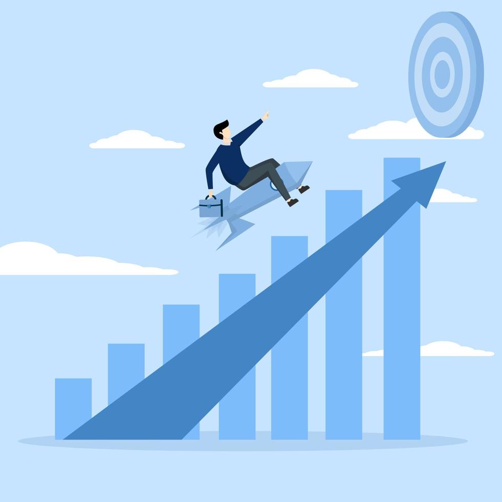 businessman pushing rocket on growth bar chart or increasing income graph. concept Business growth, increase investment profit, progress or development concept, grow fast or increase sales and revenue vector