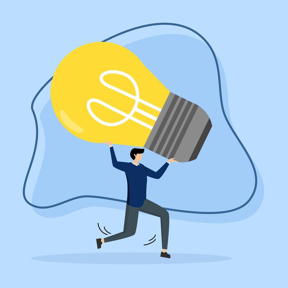 excited entrepreneur carrying big light bulb idea running to find new product Big idea, solution to solve problem, find new idea concept, creativity and innovation to change or invent new product. vector