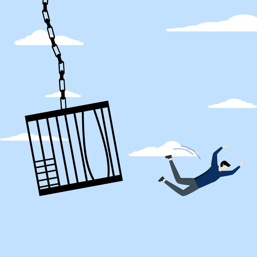 concept of hope and freedom, businessman courage to escape from birdcage jump and fly away, Courage to escape for freedom, get out of comfort zone to find new job, open mind for better life. vector