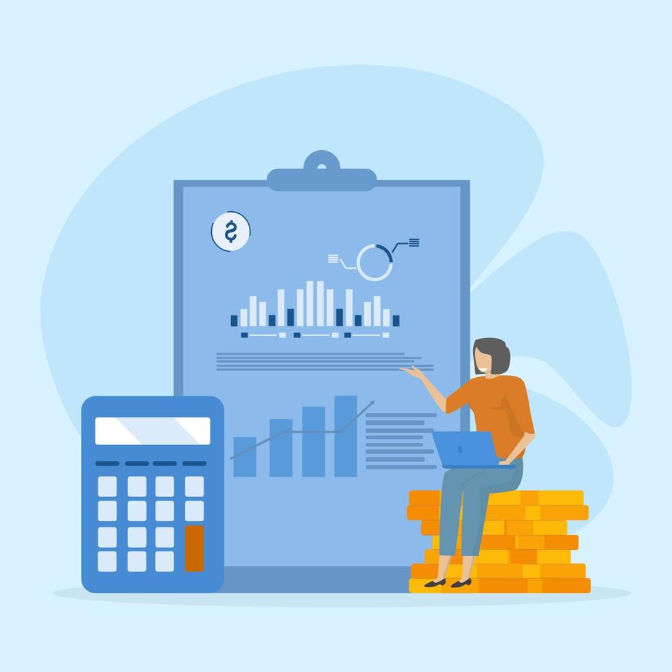 Woman doing income statistics. Concept of Accountant statement analysis, budget planning, bookkeeping operations, financial audit. flat design modern illustration vector