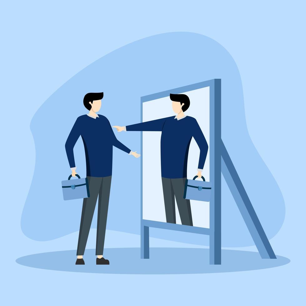 businessman looking at mirror with his reflection increases his confidence. Self esteem or self care, value strong attitude concept, believe in yourself increase self confidence. vector