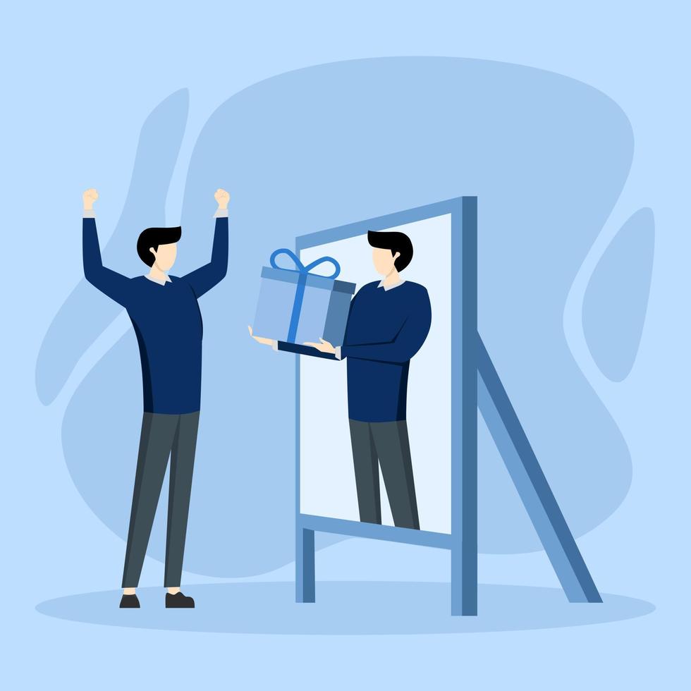 Happy businessman getting present from himself in mirror for self motivation. Reward yourself when success or achieving personal goals to increase motivation and inspiration, winning concept. vector