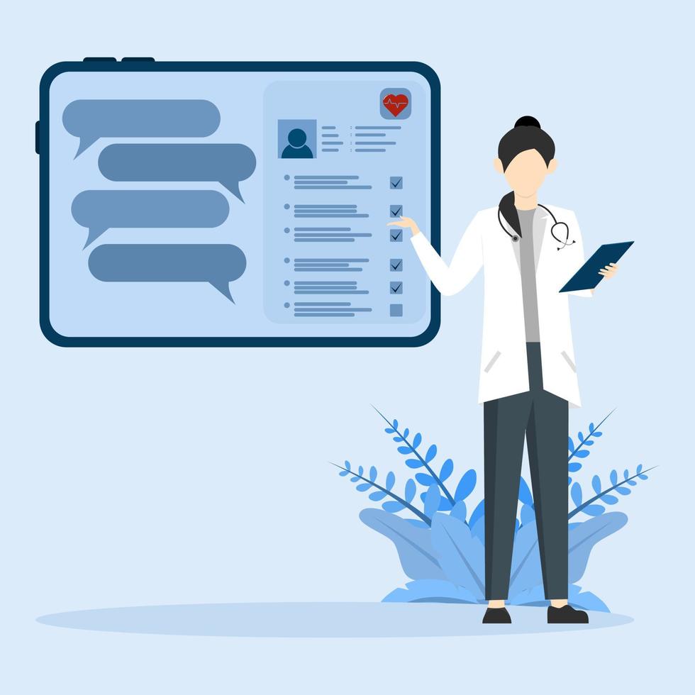 Doctor looking at patient electronic chart on tablet. Flat Character concept. Concept for web design. patient consults health with doctor. vector