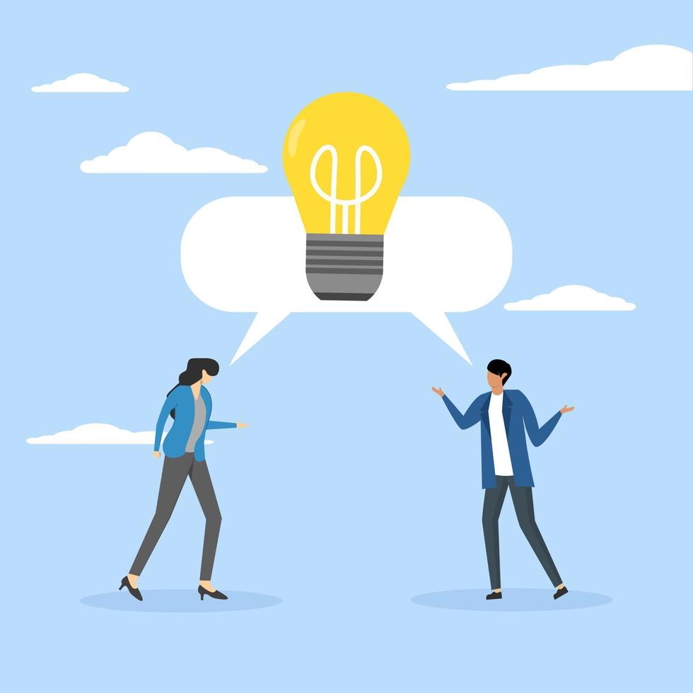 effective communication to brainstorm and generate solution or result concept, Communicate ideas in business discussion, Businessman coworkers and women talk speech bubble with light bulb idea. vector