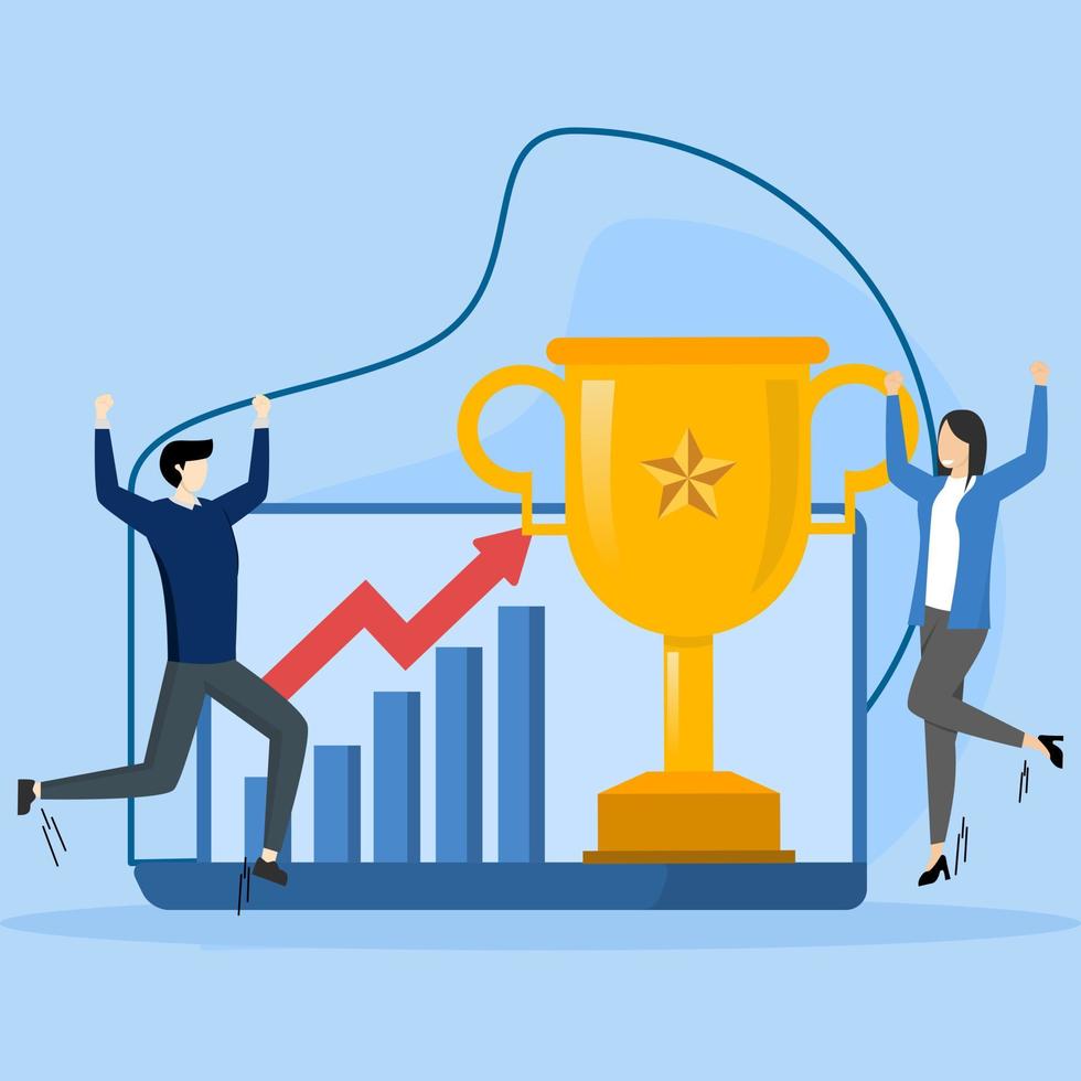 Winner concept with prize illustration. Characters celebrate first place wins with gold trophies, medals and other winning trophies. Business goals, achievement and success concept. Vector. vector