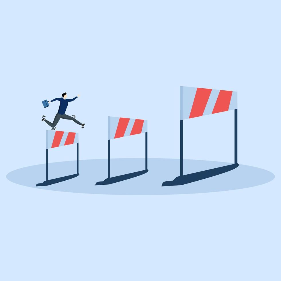 Business challenge concept, ambitious businessman jumping over hurdles to find higher barriers, overcoming difficulties or obstacles to achieve business success, effort, skills to solve problems. vector