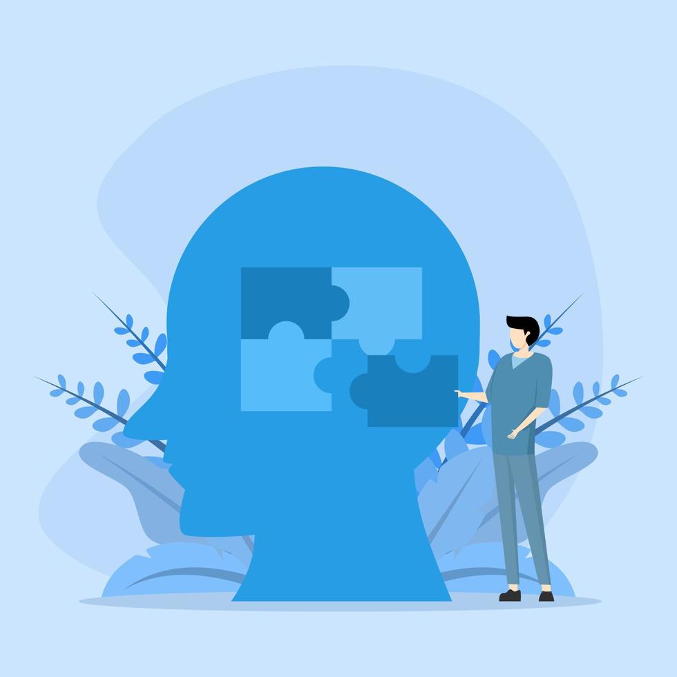 mental health illustration concept. Characters hold puzzles as a form of struggle against stress, depression, emotional exhaustion, and other psychological problems. Psychotherapy concept. vector