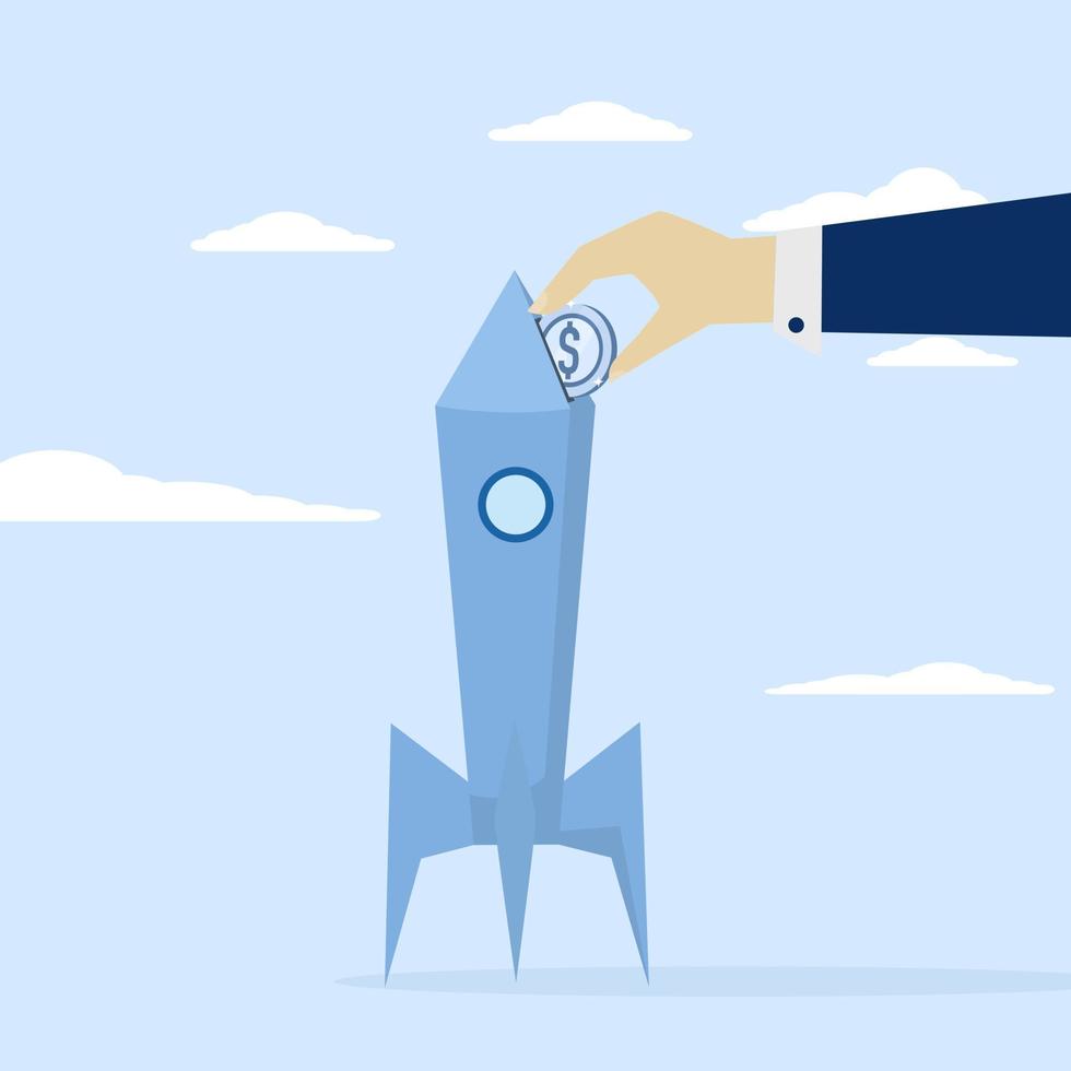 Concept Funding a new company or venture capital investment, investor entrepreneur putting coin into innovative rocket to launch cost or company budget for new business, paying project launch concept. vector
