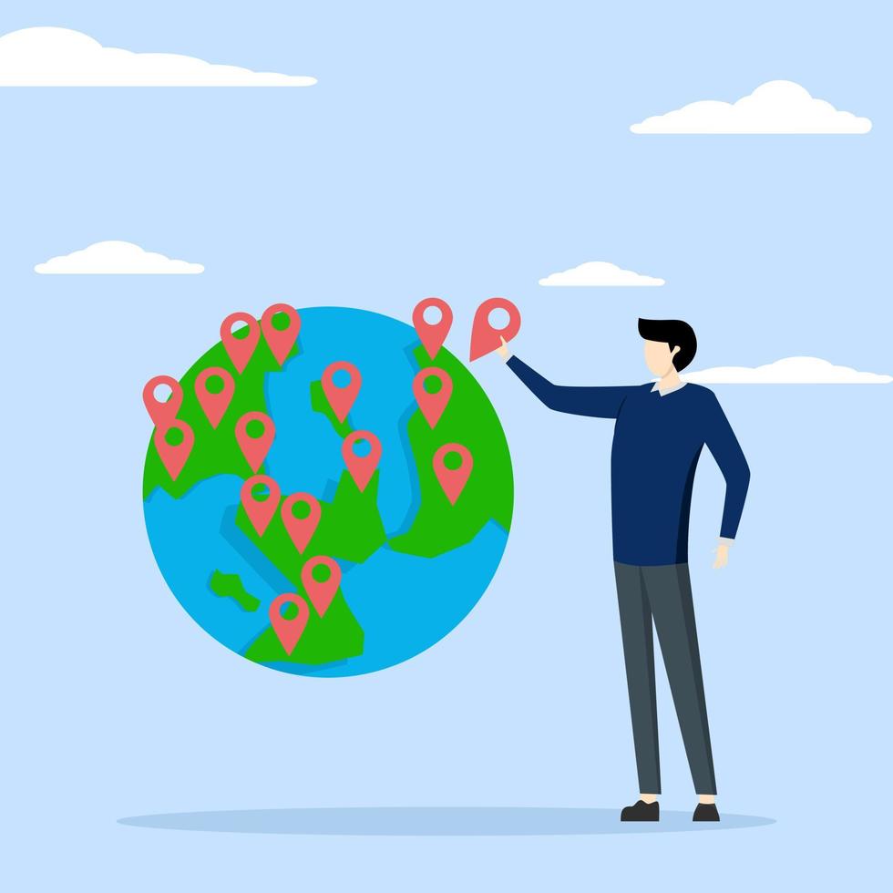 Entrepreneur CEO pin new branch on world map worldwide, Global business expansion, open company branch, worldwide expanding business concept, franchise in new location to cover all continents. vector
