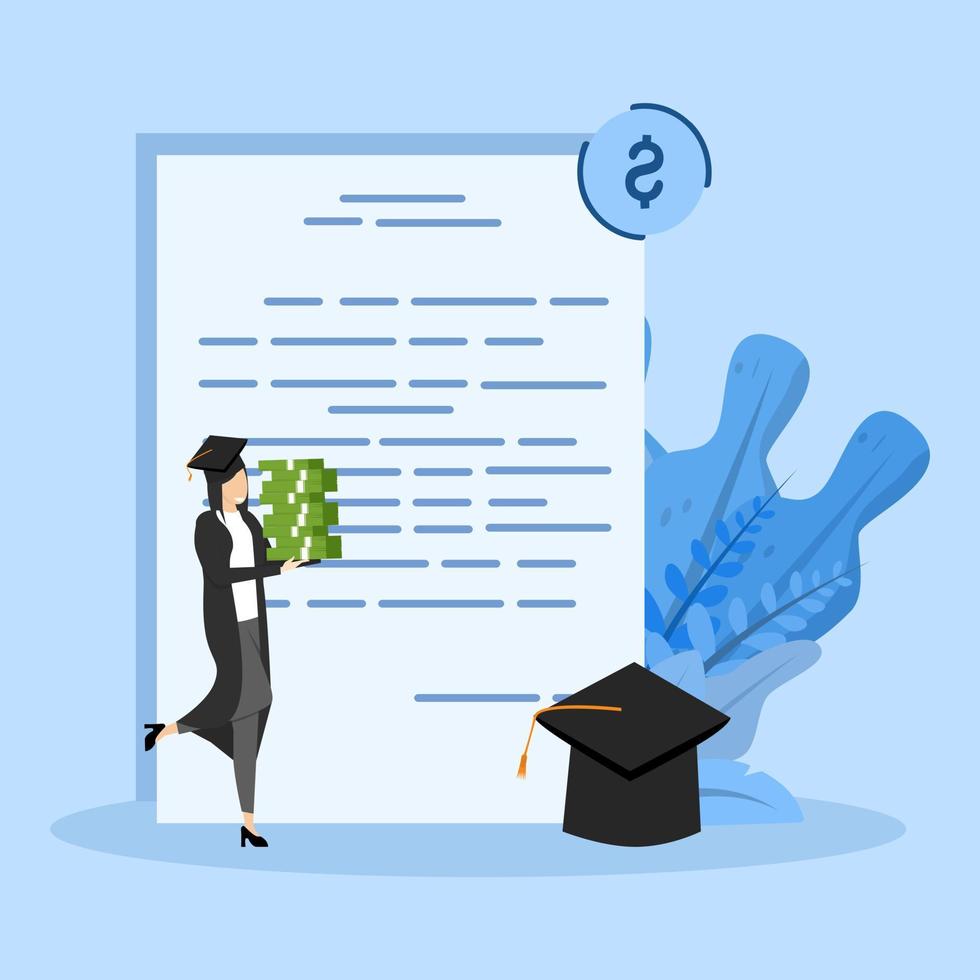 Education loan illustration concept. Student character investing money in education, taking student loan from bank. University and tuition fees concept. Vector illustration.