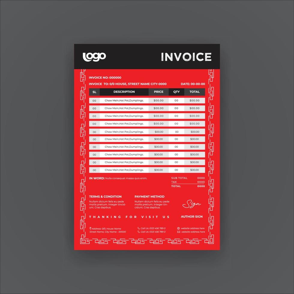 Traditional Chinese Restaurant Invoice Bill Template vector