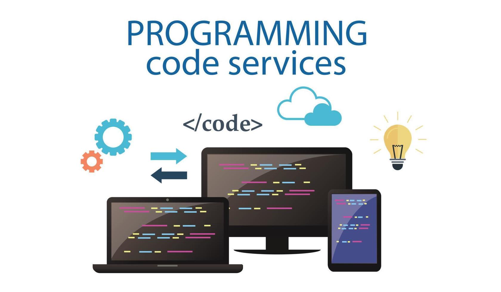 Concept of computer programming or developing software or game. Vector illustration with coding symbols and programming windows. Concept of Information technologies and computer engineering.