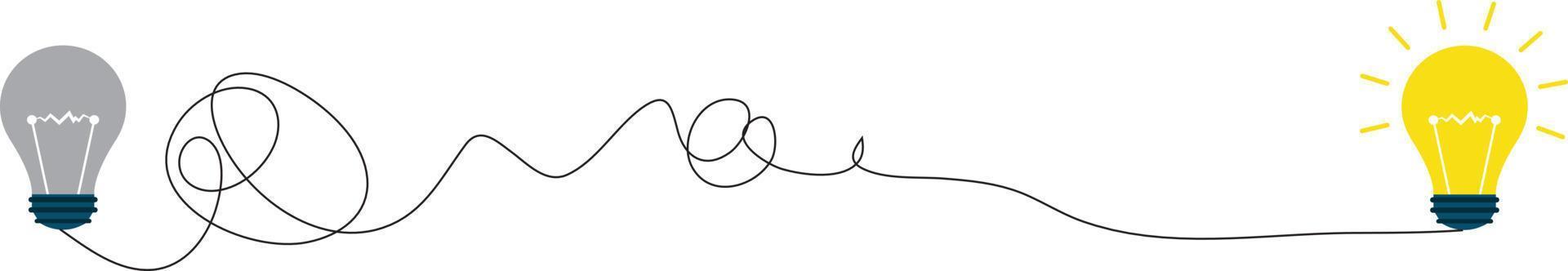 Process of complex problem to simple solution idea concept. Chaos scribble line turn into light bulb. vector