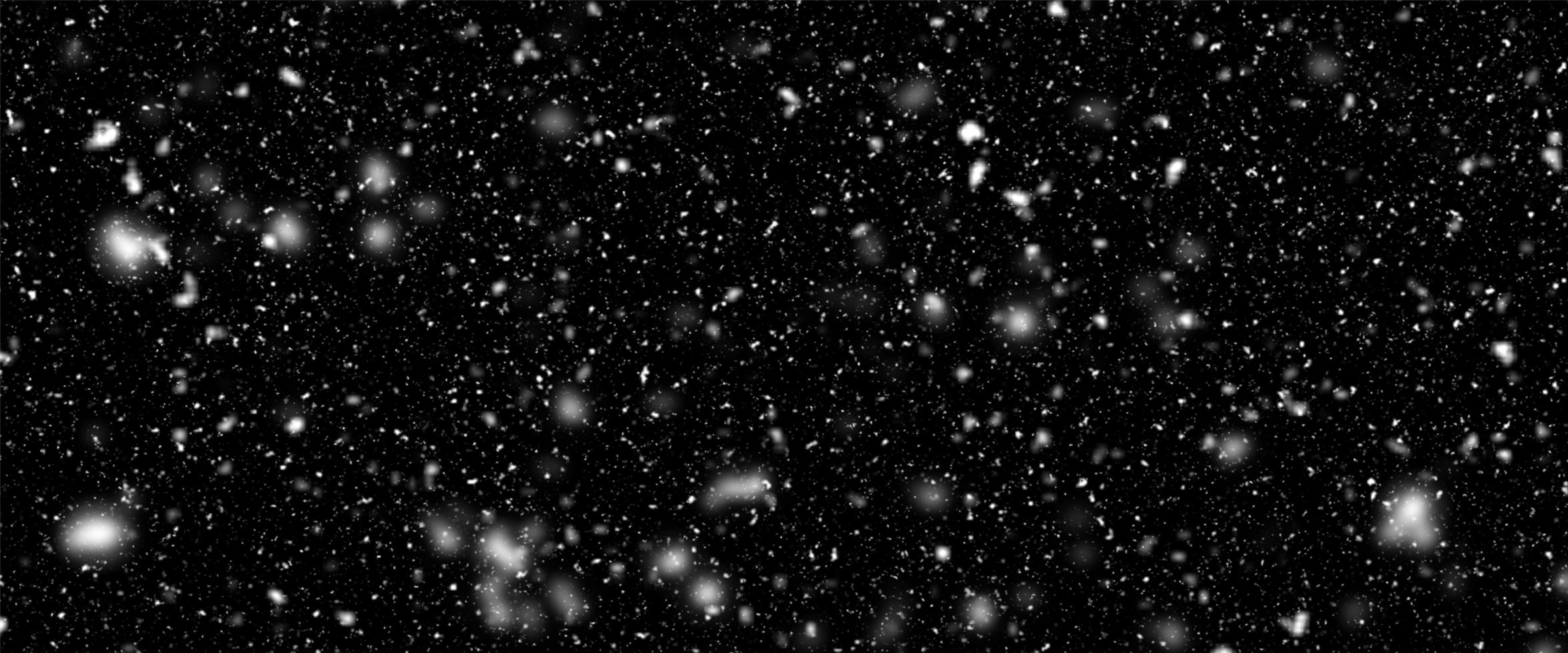 Different realistic falling snow or snowflakes. Falling snow isolated on black background. Winter snowfall illustration. Bokeh lights on black background, flying snowflakes in the air. Snow at night photo