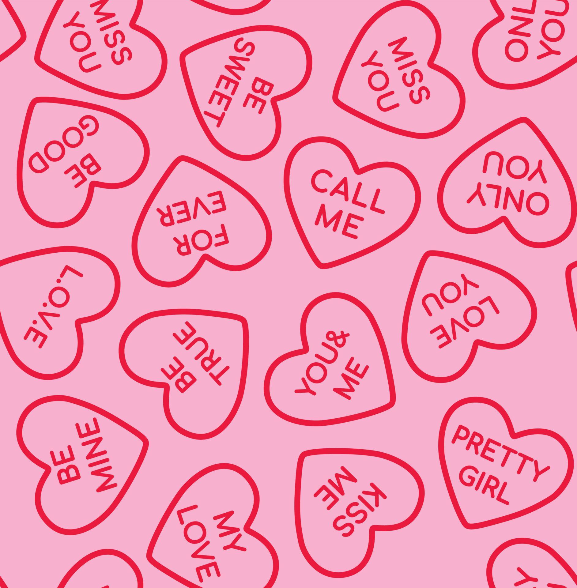 Candy hearts seamless pattern background. A set of sweets to talk about