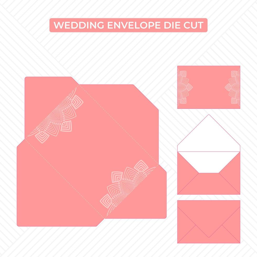 Lanscape wedding envelope die cut template with sample ornament vector