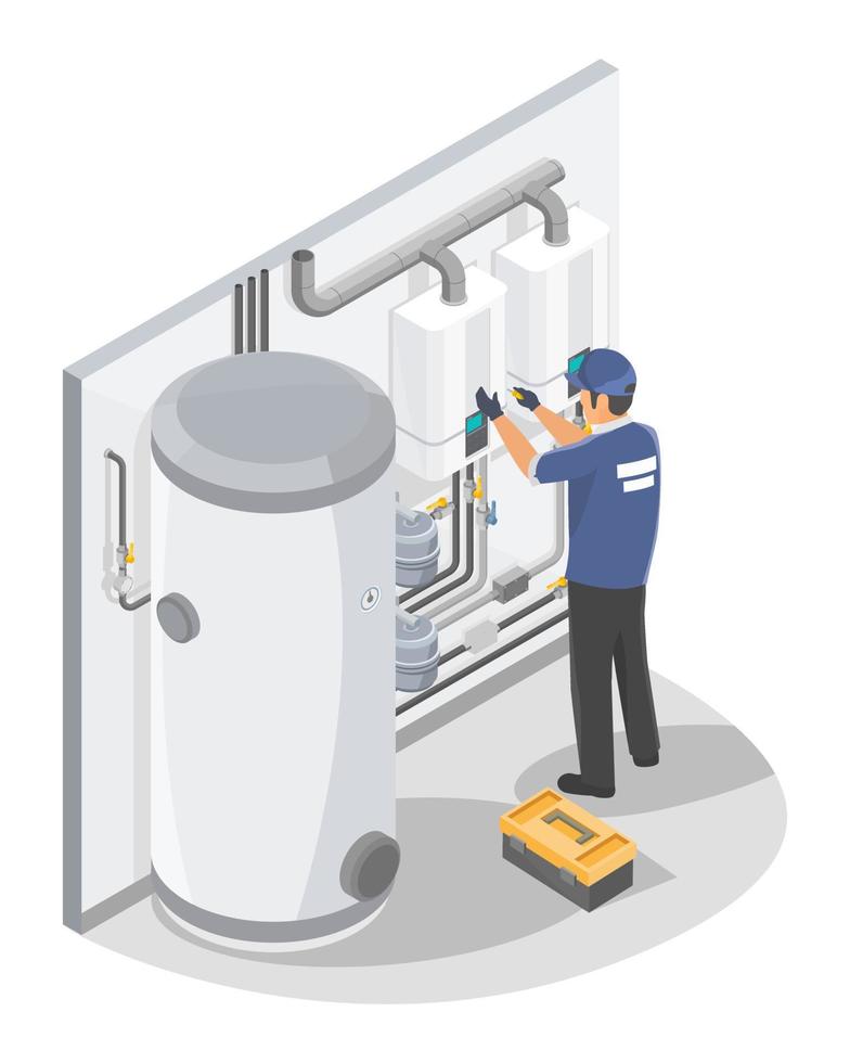 técnico o plomero en la instalación o reparación y mantenimiento del calentador de agua de la caldera de gas servicio doméstico isométrico vector aislado