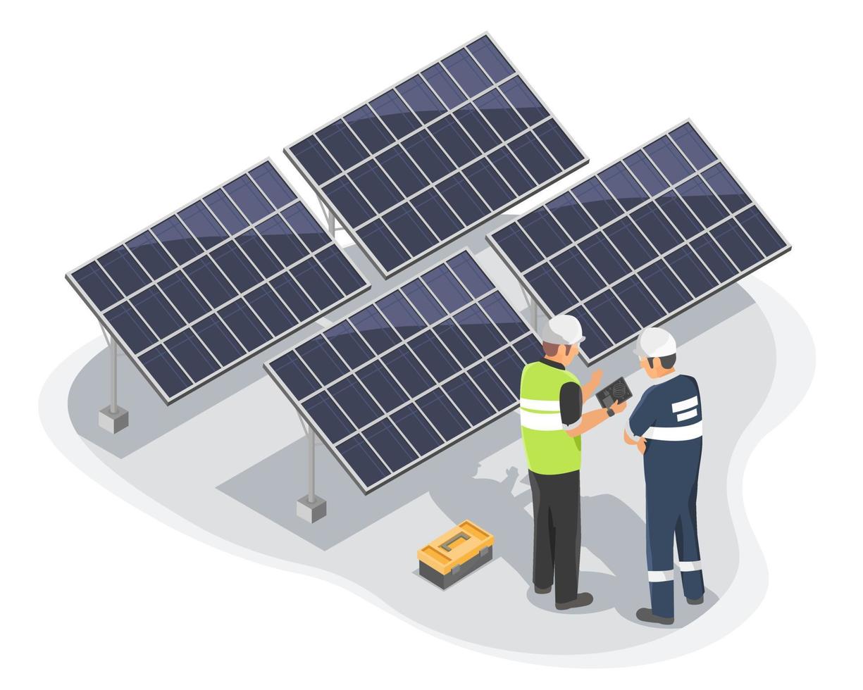 mantenimiento de ingeniero eléctrico o inspector que usa tableta inspeccionando y manteniendo paneles de células solares con técnico eléctrico o trabajador en la construcción de granjas solares planta de energía isométrica aislada vector