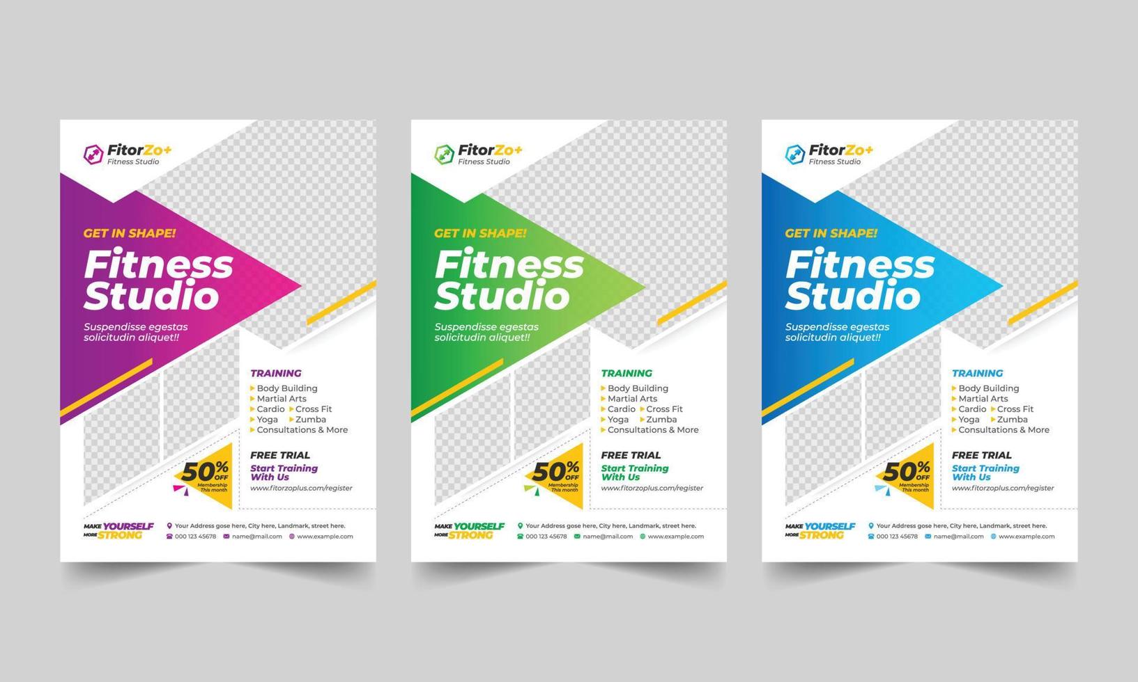 Gym and fitness flyer template with geometric shapes, fitness body building A4 size vector template