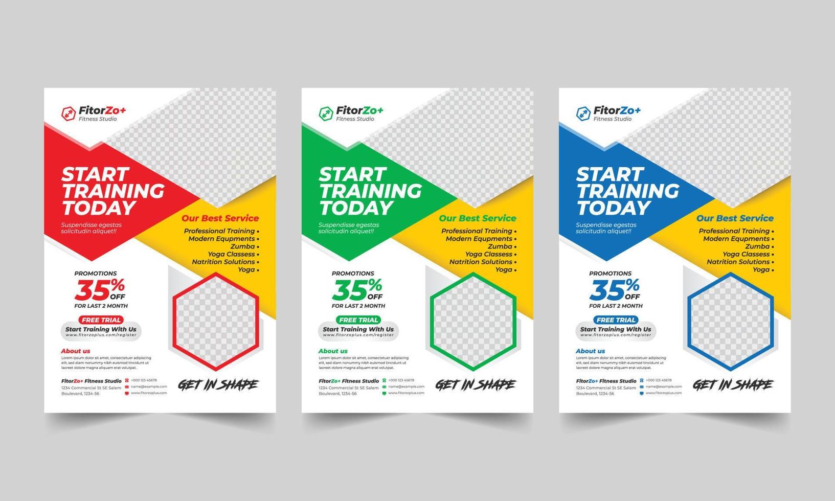 Gym and fitness flyer template with geometric shapes, fitness body building A4 size vector template