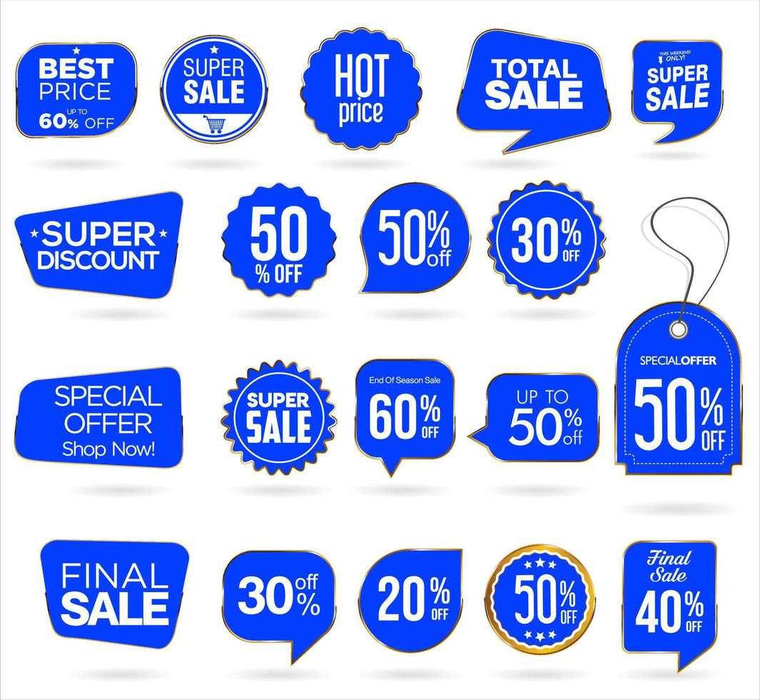 Modern gold and blue sale banners and labels collection vector