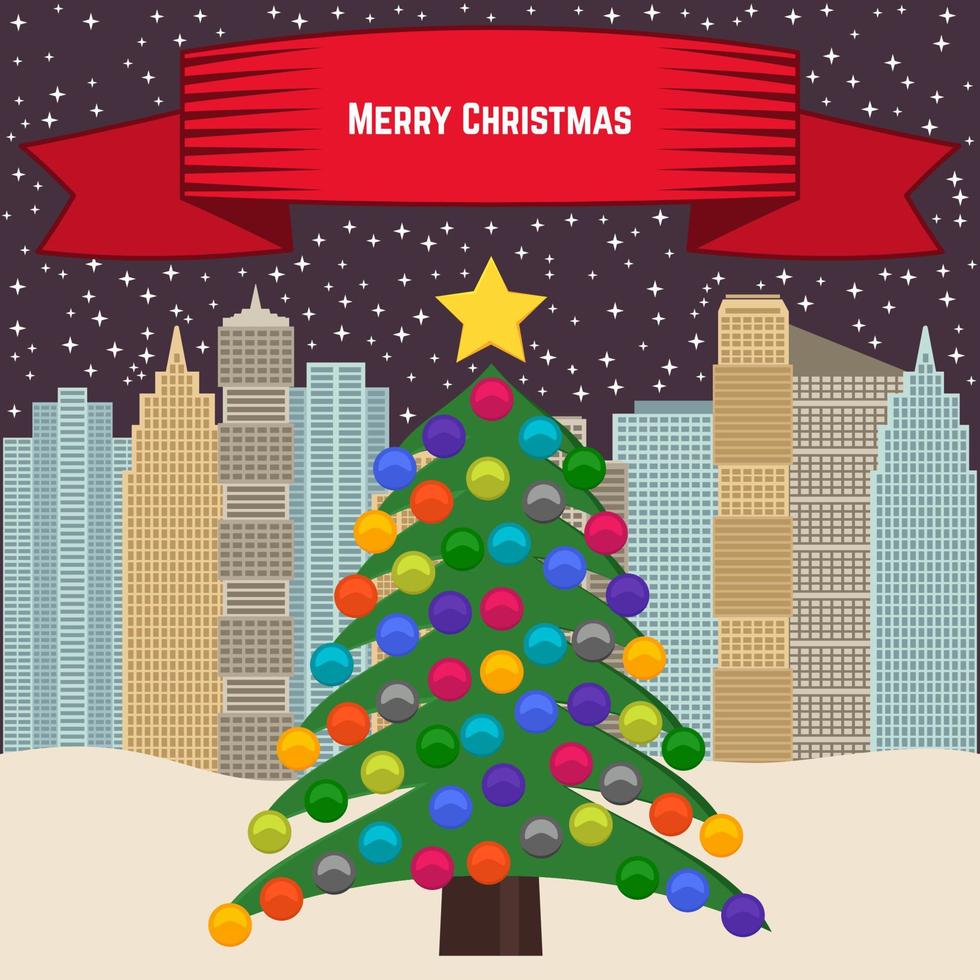 Christmas tree with colorful toys on the background of the city and red ribbon with the inscriptions Merry Christmas. Vector illustration.